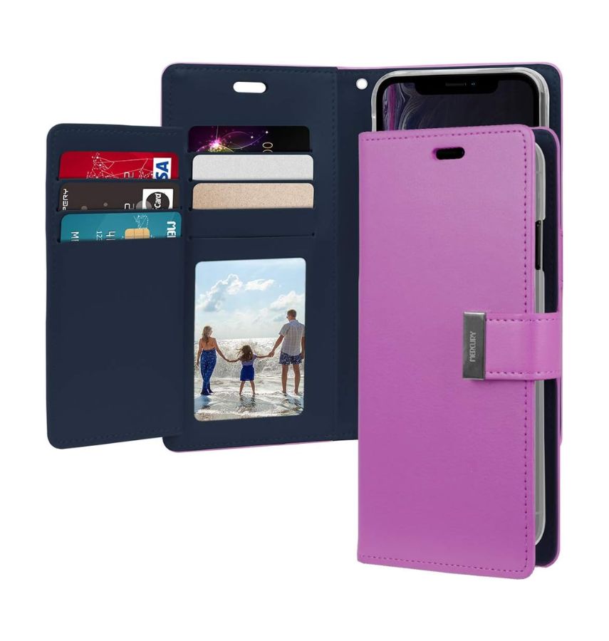 iPhone 16 Wallet Case – Purple & Navy | Goospery Mercury Rich Diary Genuine Leather Flip Cover with Card Slots & Magnetic Closure image 0