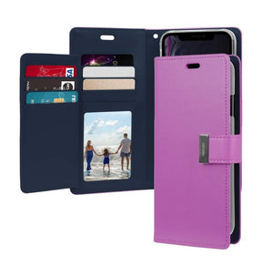 iPhone 16 Wallet Case – Purple & Navy | Goospery Mercury Rich Diary Genuine Leather Flip Cover with Card Slots & Magnetic Closure image 0