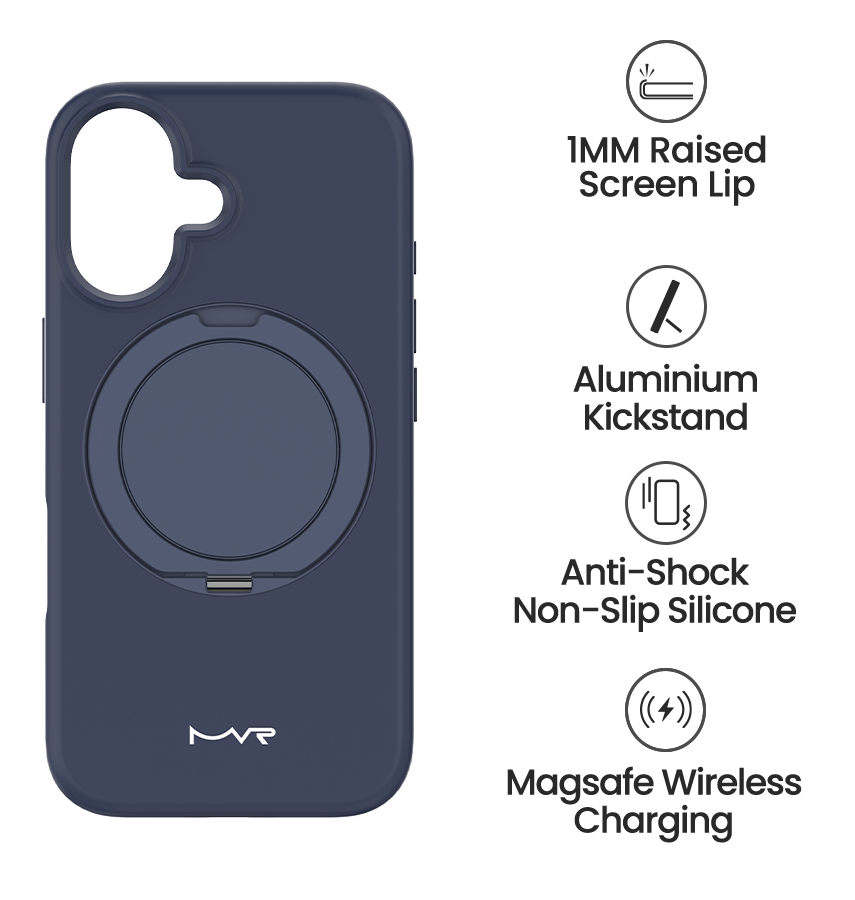 iPhone 16 MVR Liquid Silicone Stand Case - Navy Blue | Soft - Touch, Adjustable Kickstand image 4