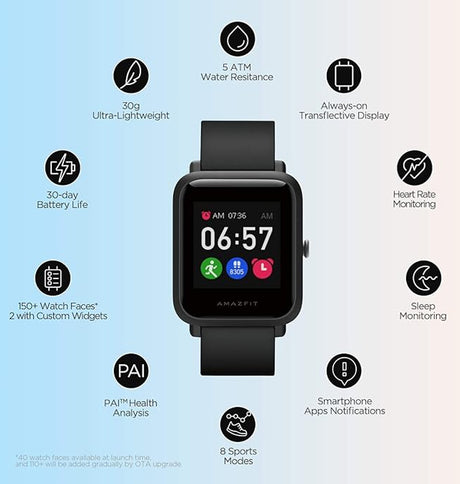 Amazfit Bip S Smartwatch - Black | 40 - Day Battery, Always - On Display, GPS, 5ATM Waterproof, Activity Tracking image 1