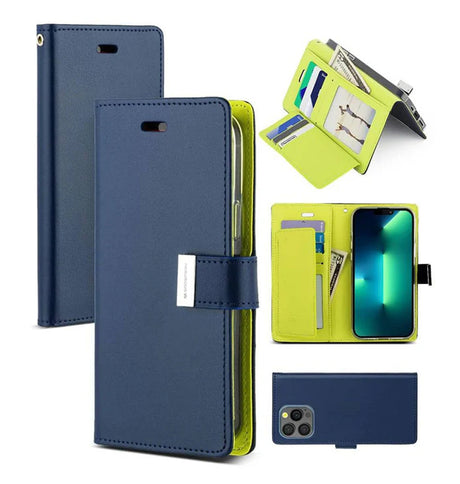 iPhone 15 Pro Max Wallet Case – Mint Green & Navy | Goospery Mercury Rich Diary Slim Flip Cover with Card Holder & Anti-Theft Protection image 0