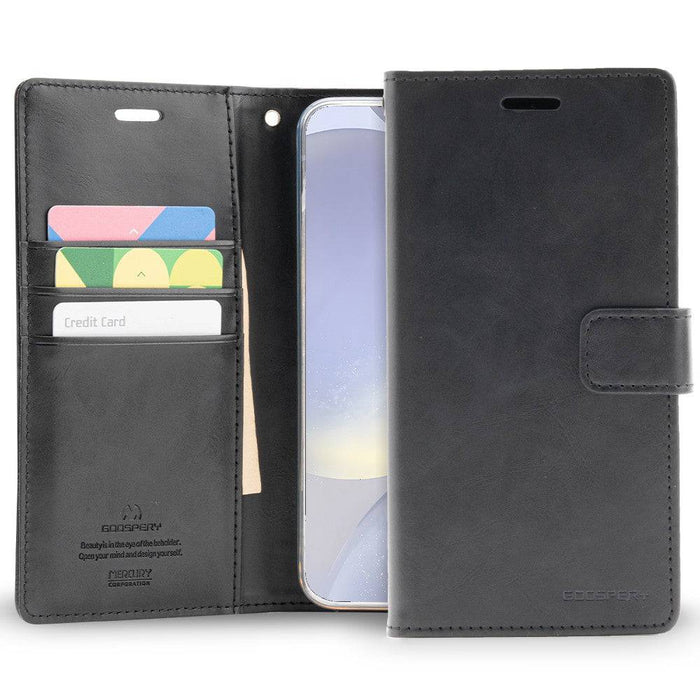 Samsung A12 Diary Case - Black | Mercury Bluemoon Diary with Clasp, Card Slots & Full Protection